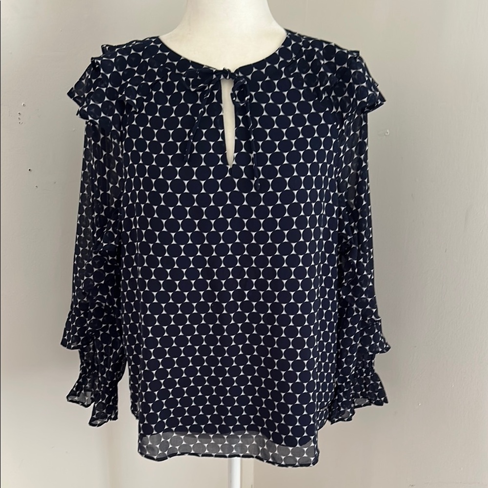 Nautica Navy Blue & White Print Long Sleeved Ruffled Blouse sz S